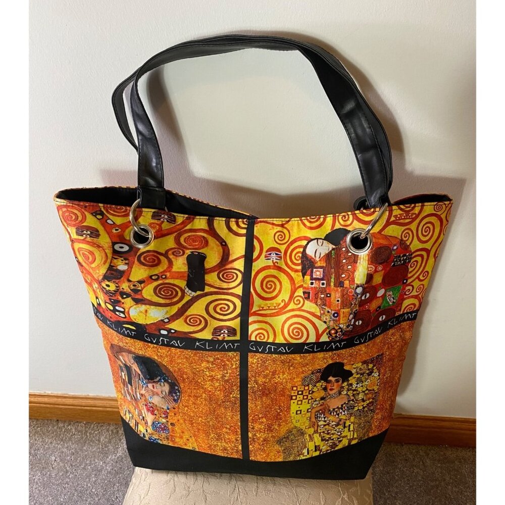 Gustav Klimt Art-Inspired Tote Bag Handles Snaps Closed